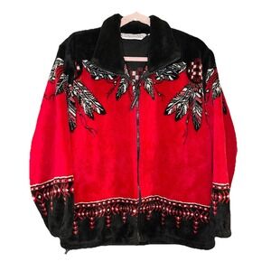 VTG Coastlines Canadian First Nations Feather Design Fleece Zip-up Jacket Red S